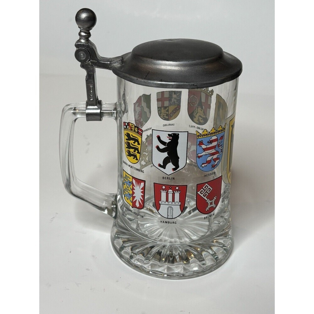 Bayern West Germany Lead Italian Glass Stein w/Pewter top lid ALWE Old Germany